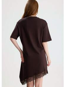 RoseArya Cotton Asymmetric Hem Lace Detail Short Sleeve Dress - Coffee - View 4