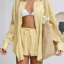 SunnyBelle 2pcs Women Spring & Summer Vacation Casual Daily Solid Color Linen Lightweight Button Down Collar Loose Long Sleeve Shirt & Low Waisted Shorts Set Fall Cloth For Women - Blanco - Ver 2