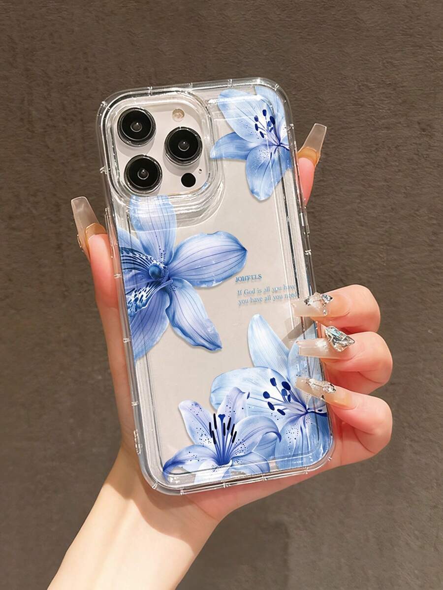 1个蓝色花朵标语图案全覆盖TPU防震手机壳，兼容苹果17、16、15、14、13、12、11 Pro Max系列 - 彩色 - 查看 1
