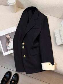 Blazer casual con cuello de solapa y botones para mujer, primavera - Negro - Ver 4