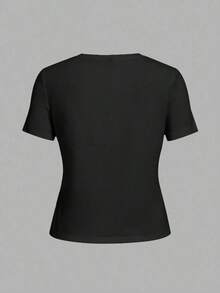 Camiseta casual de mujer de corte ajustado con patrón de labios negros y cuello redondo blanco de manga corta, adecuada para el verano - Multicolor - Ver 2