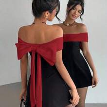 Valentine's Day Off Shoulder Black & White Bowknot Dress, Fairycore,Graduation,Graduation Dresses For Women,Back To School Dress,Summer Dress,Elegant Dresses For Party,Weddings & Events,Elegant Ceremony Dresses - Blanco y Negro - Ver 8