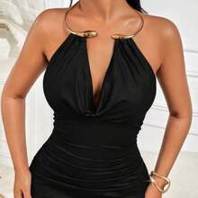 Amarilo Sexy Leopard Print Sleeveless Collared Dress With Metal Collar Ring - Fitted Women's Fashion Party, Vacation, And Everyday Dress - Negro - Ver 1