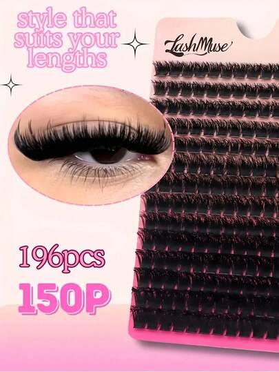196 Clusters 150D Russian Volume/Cat Eye False Eyelashes Extension Set - Natural Fluffy Thick DD Curl, 10-18mm Mixed Length, Essential For DIY Beginners, Reusable Party Lashes For Dramatic Look. Suitable For Daily, Date, Party, Holiday Gift
