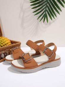 1 Pair Summer New Buckle Sandals, Sporty Style Wedge Heel, Lightweight Hook And Loop, Thick Sole Anti-Slip, Casual Versatile Beach Shoes - Khaki Buckle - View 7