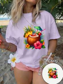 Camiseta de manga corta con cuello redondo para mujer, 100% lavable a máquina, fácil de cuidar, diseño casual con estampado de cóctel de coco de estilo tropical, colores brillantes llenos de energía veraniega, nueva colección de verano 2026 para viajes y uso diario - Camiseta unisex de algodón suelto de manga corta y cuello redondo estilo vintage urbano. - Negro - Ver 8