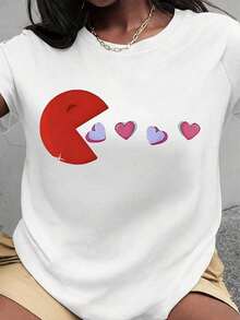 Plus Size T-Shirt For Valentine's Day With French Fries Design, Fun For Food Lovers, Women's, With Cute French Fries And Heart Design, Perfect Casual Top For Everyday Wear And Gift Ideas | Exquisite Design | Loose And Comfortable | Easy To Match | - 白色 2 - 查看 1