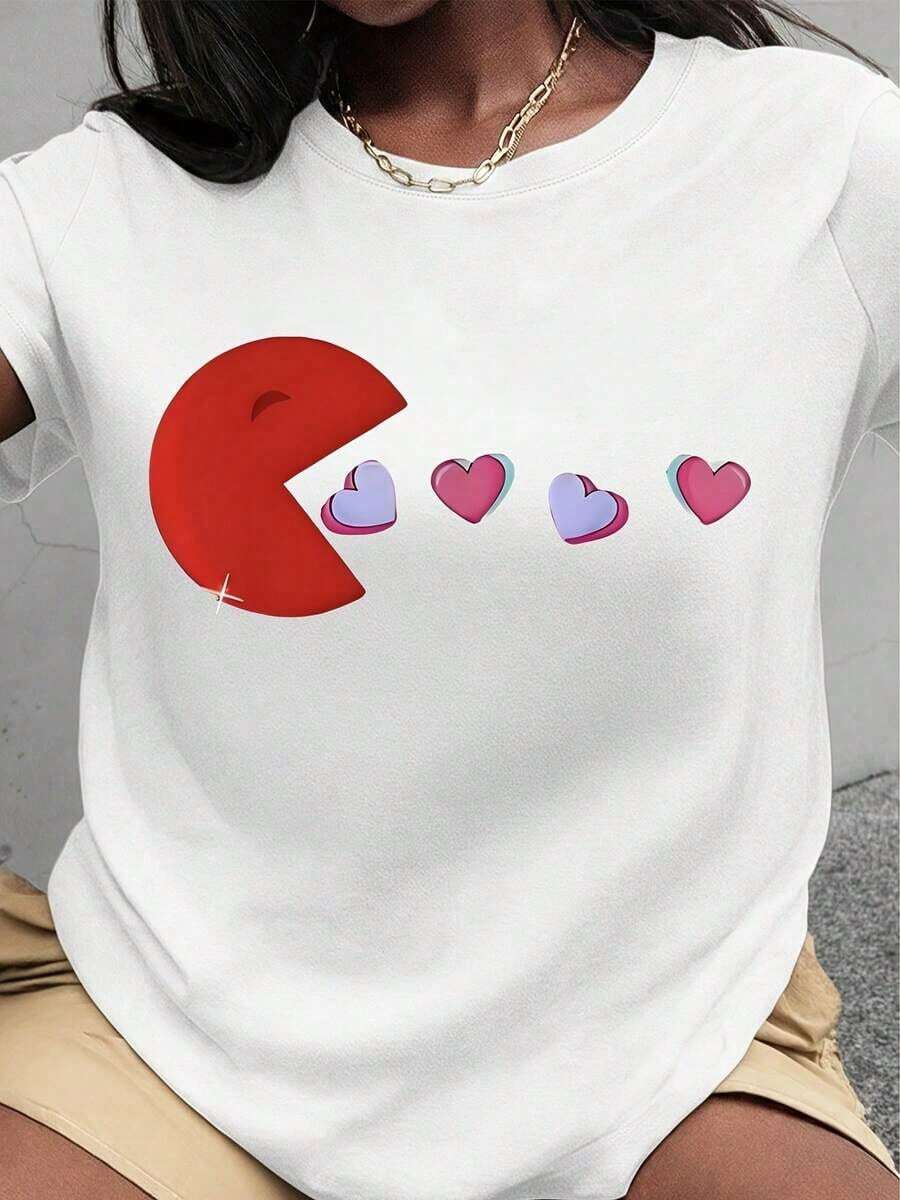 Plus Size T-Shirt For Valentine's Day With French Fries Design, Fun For Food Lovers, Women's, With Cute French Fries And Heart Design, Perfect Casual Top For Everyday Wear And Gift Ideas | Exquisite Design | Loose And Comfortable | Easy To Match | - 白色 2 - 查看 1