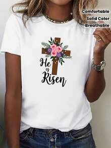 Camiseta Teediy para Mujer con Fe Cristiana, Cruz Floral y Estampado "Él Ha Resucitado" - Ajuste Cómodo, Manga Corta, Cuello Redondo, Ropa Casual para Iglesia, Ropa de Pascua, Color Sólido y Transpirable - [Blanco] - Ver 6