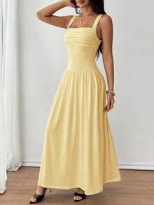 Vestido evasé de unicolor marrón café con cuello cuadrado elegante para mujer, primavera/verano - Amarillo - Ver 5