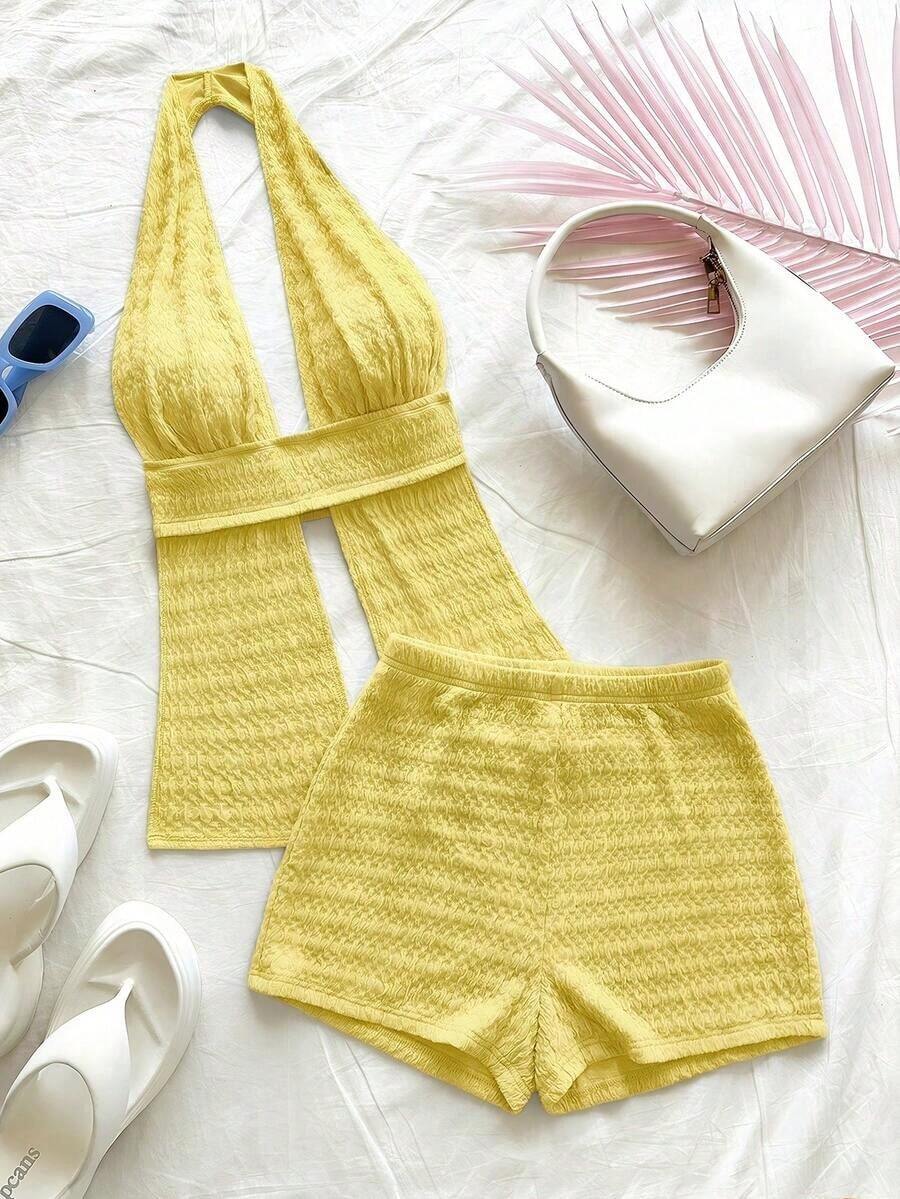 Conjunto de 2 piezas de top halter y shorts de moda para mujer de vacaciones - Amarillo 2 - Ver 1