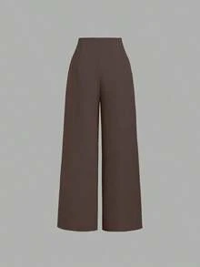 Pantalones anchos casuales de mujer con tela de unicolor texturizada - Marrón - Ver 2