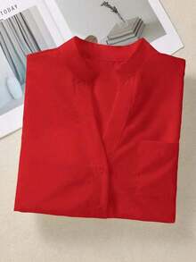 Camisa de mujer de unicolor con cuello en V y botones - Blusa casual y elegante de manga larga con detalle de bolsillo, adecuada para vacaciones, viajes y uso diario, artículo esencial para todas las temporadas de primavera - Rojo - Ver 6