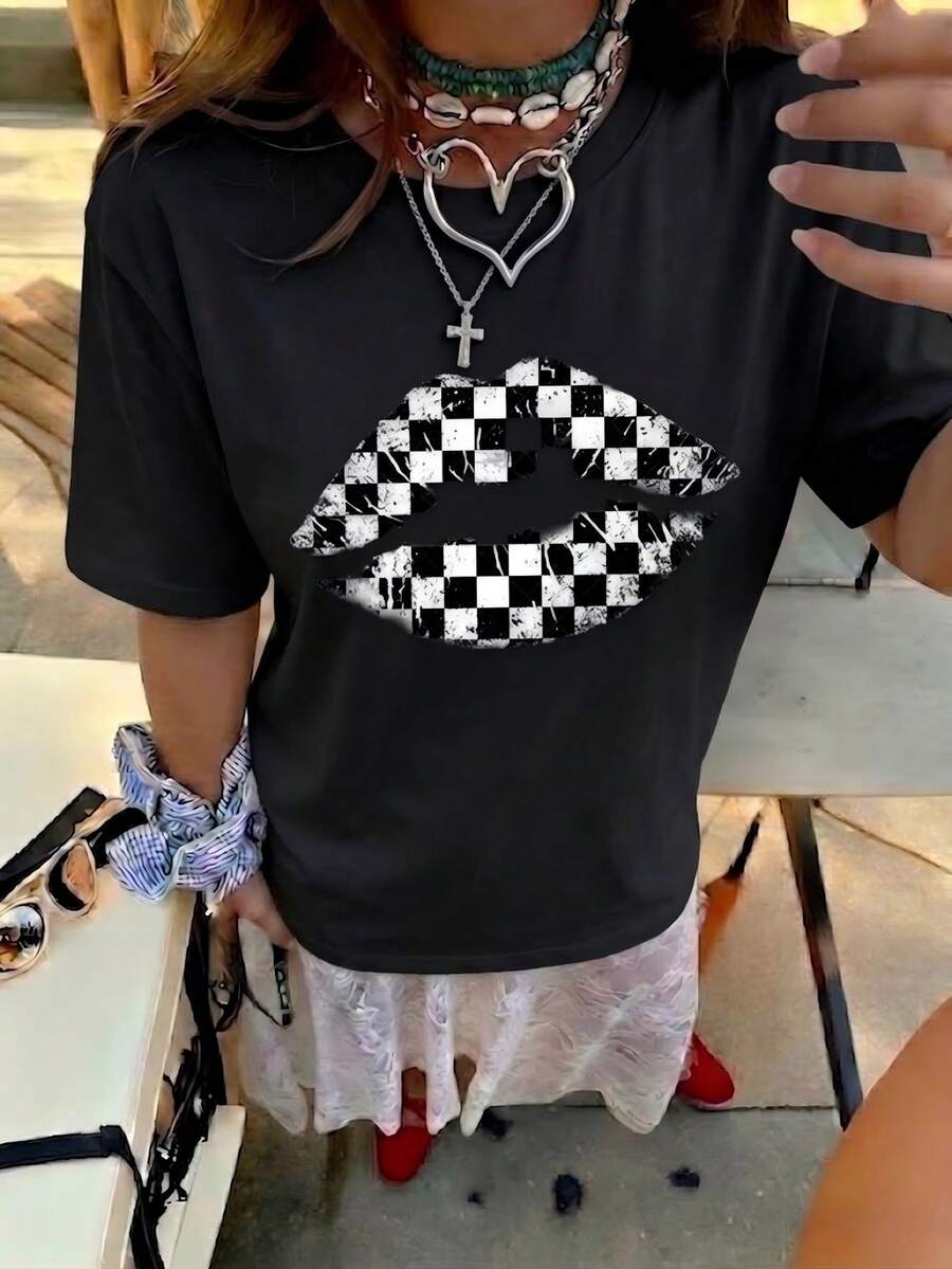 Women's Round Neck Printed Short Sleeve T-Shirt, Casual Loose Fit, Super Soft & Comfortable Fabric, Ins Street Fashion Style, Classic All-match Graphic Tee, Breathable Lightweight Daily Basic Top, Perfect for Daily Wear, Casual Vacation, Office Commute, Outdoor Going Out, Weekend Gathering, Shopping and Leisure Activities, Ladies Trendy Oversized Casual Pullover T-Shirt - Negro - Ver 1