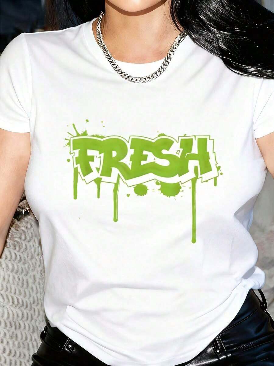 Dam T-shirt Fräsch Graffiti-stil Grön Droppande Text Design Sommaroutfit Dam - Vitt - Visa 1