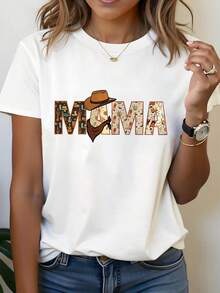1 pieza de camiseta con diseño de caballo vaquero del Oeste |   Camiseta casual blanca de cuello redondo, ligera para uso diario, idea de regalo para el Día de la Madre - ropa occidental para mamá, moda de primavera, estilo vaquero, material transpirable, camiseta de manga corta, ropa para mamá 180g 100% algodón. - Blanco - Ver 1