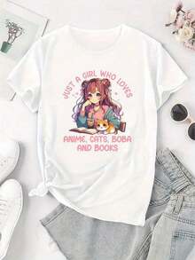 1 pieza de camiseta deportiva casual sencilla de manga corta para mujer, con estampado de personaje de película animada, cómoda para el verano y las vacaciones, 180g 100% algodón. - Blanco - Ver 2