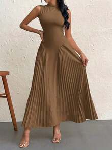 Vestido elegante de línea A ajustado con pliegues para mujeres - Cafetería - Ver 3