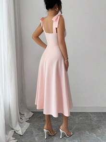elegante y romántico para mujer con lazo decorativo en la cintura y corte evasé sin mangas - Rosa coral - Ver 2