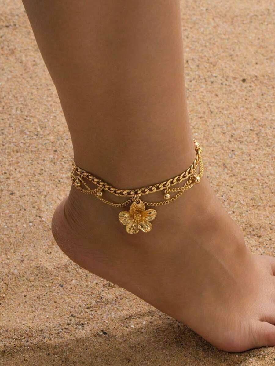 Gelang Kaki Dua Lapis, Perhiasan Kaki Rantai Liontin Bunga Rumbai Gaya Liburan Pantai - Emas - View 1