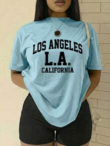 California Street Style LOS ANGELES Letter Pattern Print, Women's Round Neck Short Sleeve T-Shirt, Women's Sports T-Shirt, Everyday Fashion, Casual Style, Suitable For Daily Wear - Vintage Street Style Unisex Loose Cotton Short Sleeve Crew Neck T-Shirt Summer Style - 黑色 - 查看 7