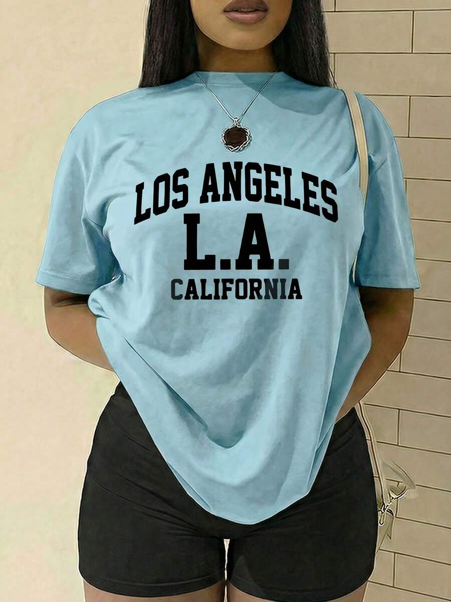 California Street Style LOS ANGELES Letter Pattern Print, Women's Round Neck Short Sleeve T-Shirt, Women's Sports T-Shirt, Everyday Fashion, Casual St - 藍色 - 查看 1