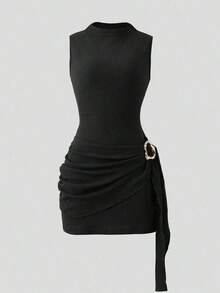 Nuevo vestido de mujer elegante y sexy con cuello alto, hebilla metálica, fruncido y sin mangas, de estilo ceñido, para ocasiones de primavera/verano y citas - Negro - Ver 1