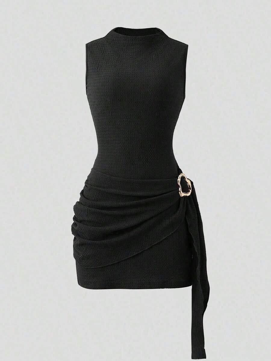 Nuevo vestido de mujer elegante y sexy con cuello alto, hebilla metálica, fruncido y sin mangas, de estilo ceñido, para ocasiones de primavera/verano y citas - Negro - Ver 1