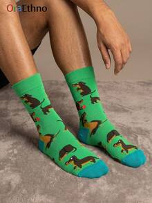 1 Pair Unisex Green Dachshund Pattern Contrast Toe Polyester Breathable Novelty Crew Socks For Daily Wear - Multicolor - View 2