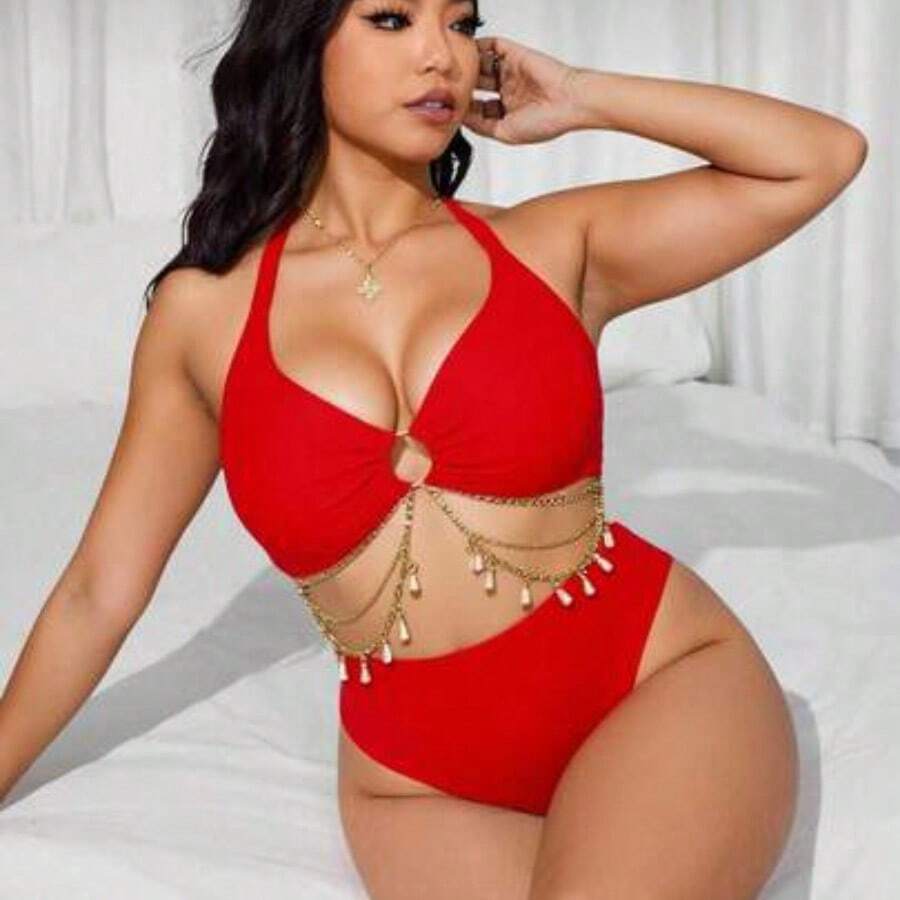 Swim  Plus Size Women Holiday Beach O-Ring Chain Bikini Set For Summer Beach Vacation - Rojo - Ver 1