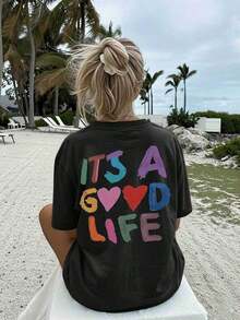 [Double-Sided Print] Women's Casual Summer Loose Fit T-Shirt, Hand-Painted Style, Heart Print And The Phrase "IT'S A GOOD", Round Neck, Short Sleeve, Drop Shoulder, Pure Cotton Oversized T-Shirt [Best Seller 1] 100% Cotton, Summer T-Shirts - 黑色 - 查看 4