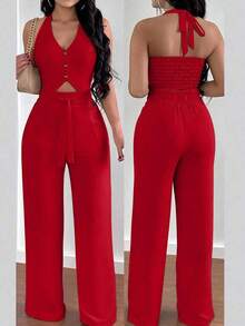 Conjunto de 2 piezas de chaleco sin espalda con atar en el cuello y pantalones de pierna ancha, estilo casual de vacaciones para mujer - Rojo - Ver 4