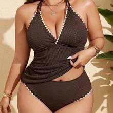 Swim Lushore Plus Size Women's Black V-Neck Adjustable Strap V-Neck Tankini Swimsuit, Fashionable Beach Resort Swimming Attire For Summer - Negro - Ver 7