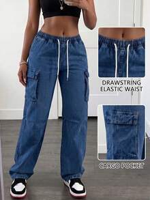 Women's High Waist Cargo Jeans With Ripped Detail, Retro Street Style, Versatile Denim Pants - Dark Washed Blue 1 - View 1