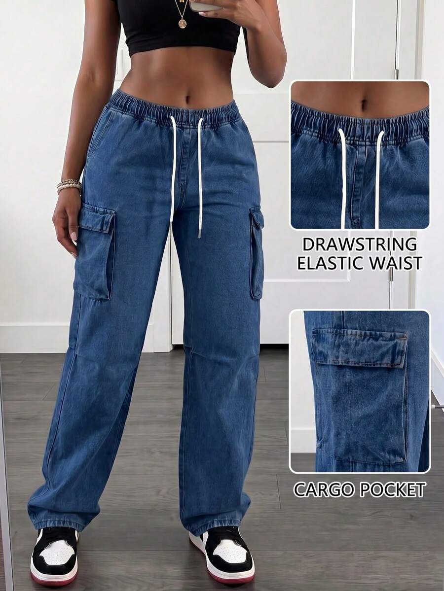 Women's High Waist Cargo Jeans With Ripped Detail, Retro Street Style, Versatile Denim Pants - Dark Washed Blue 1 - View 1