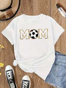 Women's Soccer Mom Pattern Printed T-Shirt - Casual Short Sleeve Crew Neck Top With Leopard Print Decoration, Mixed Gray Color, Machine Washable, Comfortable For Sporty Moms And Everyday Wear, Soft And Durable Fabric, Casual Wear, Comfortable Material, Everyday Basic T-Shirt - 白色的 - 查看 3