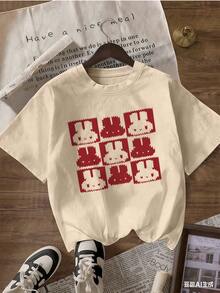 Short-Sleeve T-Shirt With Cute Rabbits In Retro Style, Fashionable Short-Sleeve T-Shirt For Spring And Summer 2026, Made In Mexico, 180 Grams. Cartoon Print, Couple Design, Suitable For Indoor Or Outdoor Wear. Crew Neck, Unisex, Ideal For Office And Leisure. One-Piece Pack. - APR-P631577SLNDXZGY408 - 查看 4
