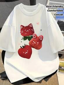 Nueva Colección Primavera/Verano 2026: Camiseta de Manga Corta para Mujer con Hombros Caídos, Estilo Coreano, con Estampados Creativos de Fresas, Gatos, Conejos y Corazones, Estilo Lindo y Dulce, Cómoda y Amigable con la Piel, Top Casual para Uso Diario. - Blanco - Ver 1