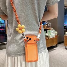 1pc Puff Flower Braided Lanyard Card Holder Phone Case Suitable For IPhone 16 Pro Max, 17, 14, 15 Soft Woven Crossbody Strap Card Holder With Lanyard - Orange - View 1