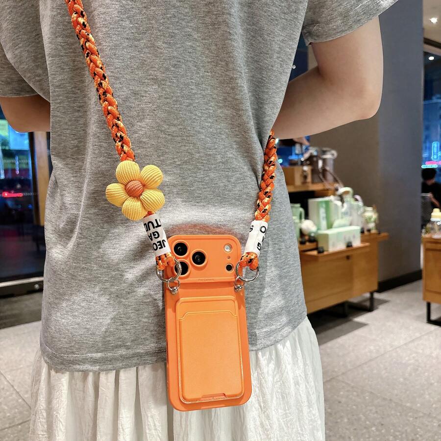 1pc Puff Flower Braided Lanyard Card Holder Phone Case Suitable For IPhone 16 Pro Max, 17, 14, 15 Soft Woven Crossbody Strap Card Holder With Lanyard - Orange - View 1