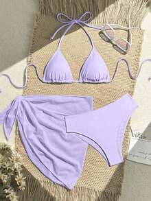 Conjunto de 3 piezas de traje de baño de bikini de unicolor y estilo sexy de halter para mujeres, conjunto de traje de baño, para vacaciones de verano en la playa - Púrpura malva - Ver 2