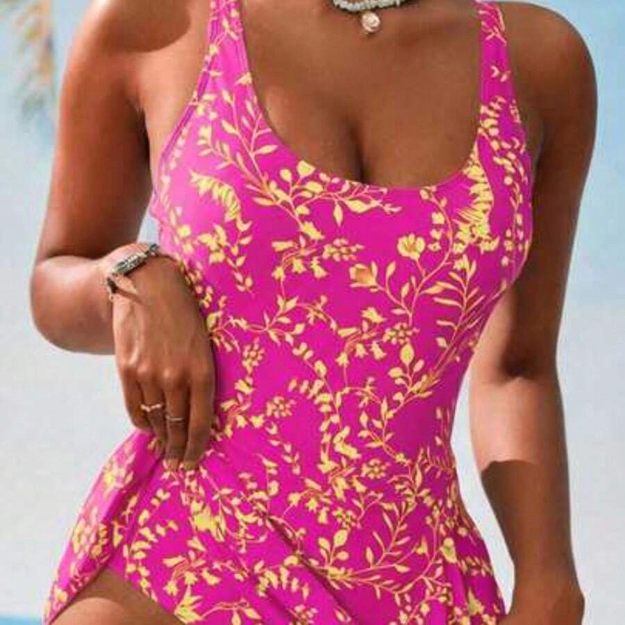 1pc Women's Resort Beach Floral Print One-Piece Swimsuit For Summer Beach Vacation - Rosa Fucsia - Ver 1