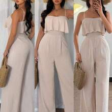 Raffinéa Women's Fashion Versatile Ruffle Spaghetti Strap Jumpsuit With Crinkle Textured Fabric, Fitted Waist & Straight Leg - Caqui - Ver 1