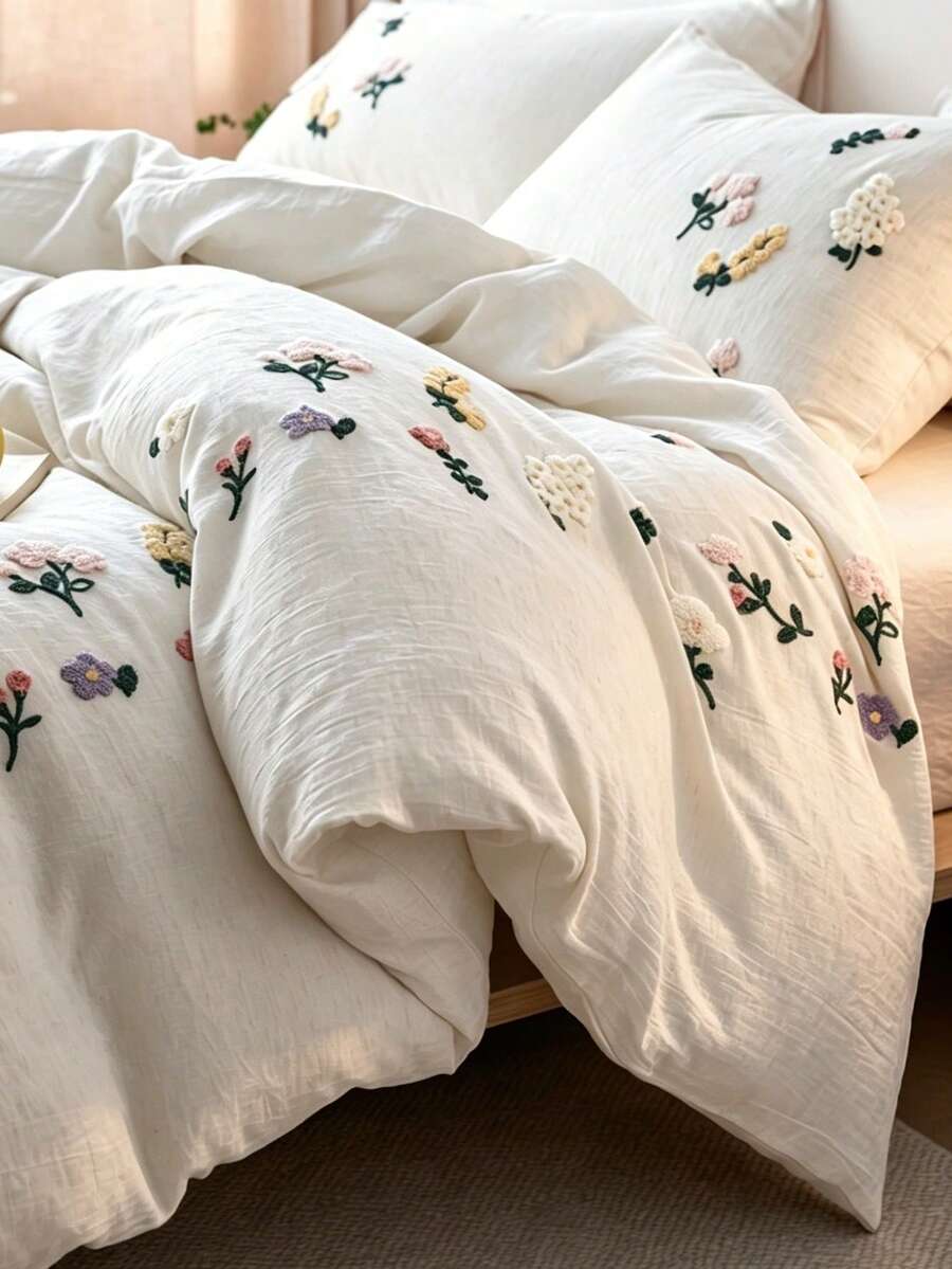 3pcs Soft & Comfortable Natural Washed Crinkle Texture Bedding Set (1*Duvet Cover + 2*Pillowcases, Excluding Filler), Floral Botanical Countryside Style, Suitable For Bedroom, Guest Room, Boys & Girls, Machine Washable, All Season - White - View 1