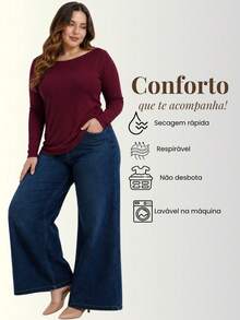 Women's Plus Size Ribbed Long Sleeve Boat Neck Blouse - Comfortable, Basic, Casual - 紅木色 - 查看 5