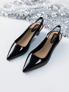 Women's Casual Elegant High Heel Slip-On Pumps, Solid Black Smooth Design, Mid-Heel Height, Versatile For Dating, Leisure, Commuting, Work And Other Occasions - Black - View 5