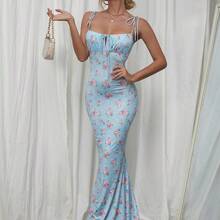 Women's Floral Print Ruched Front Tie Fitted Elegant Dress Vacation Party Summer - Azul y blanco - Ver 6