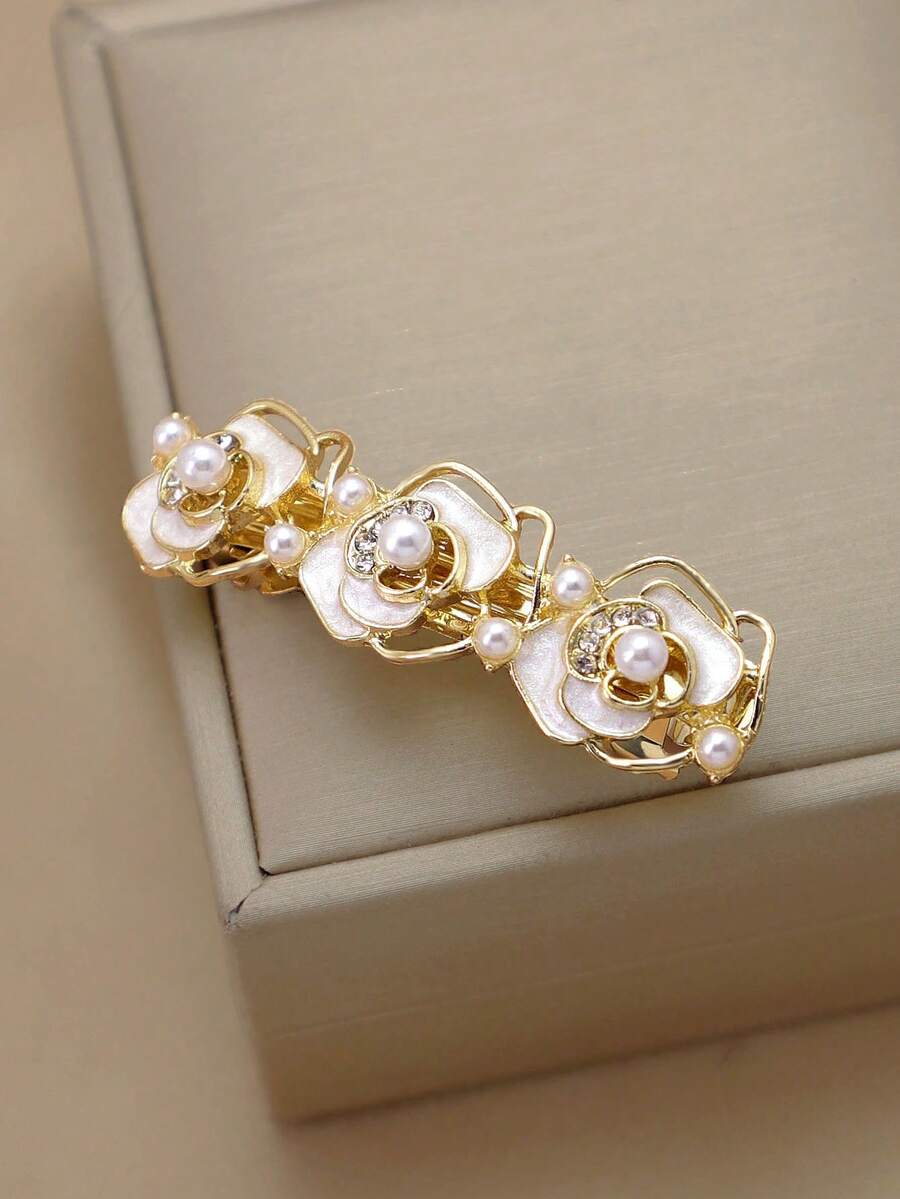 1pc New French Flower Rhinestone Inlaid Mini Hair Clip, Tiny Side Bangs Hairpin Accessories,Travel,Birthday, Claw Clips - White - View 1