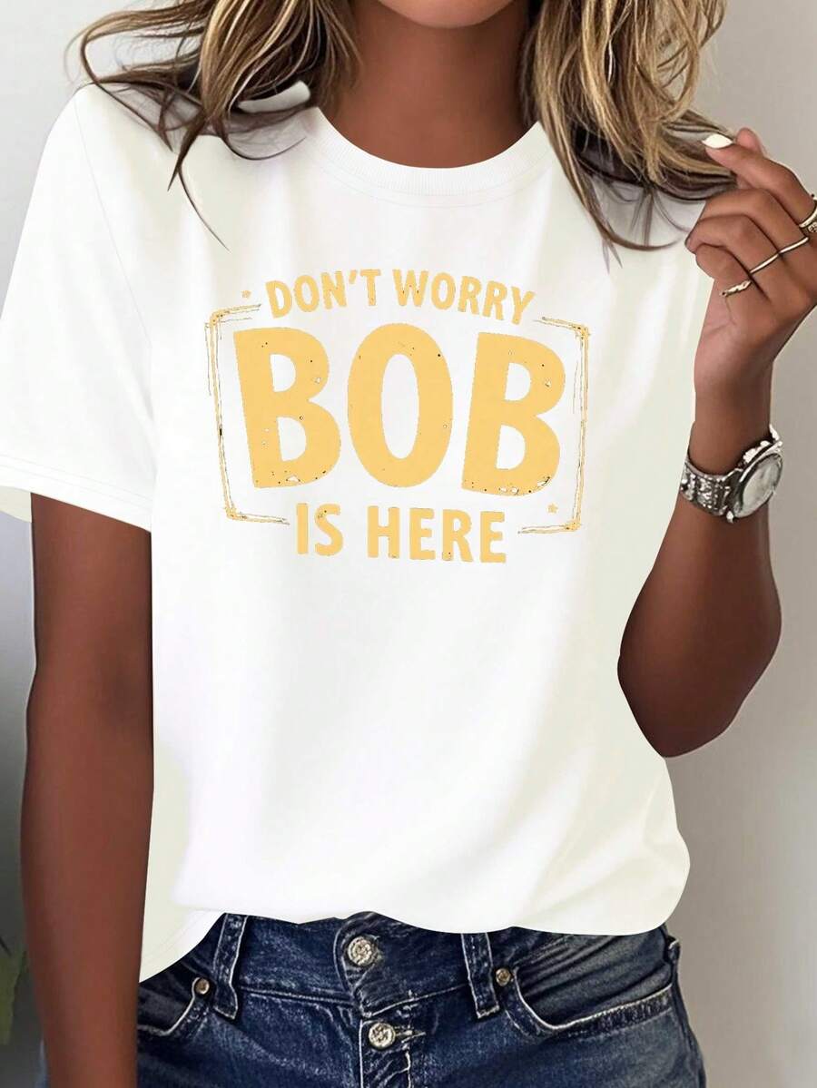 Bob Is Here Women's Camisole - Soft Crew Neck, Short Sleeve, Casual Top With Bob Logo Print, Suitable For All Seasons, Machine Washable Casual Wear And Brand Logo T-Shirt Sets All Year Round - 白色 - 查看 1