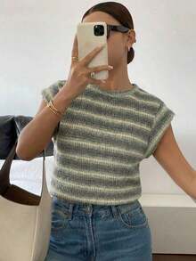 Camiseta casual de cuello redondo de manga corta de unicolor con textura de gofre, cómoda para el verano - Verde - Ver 6